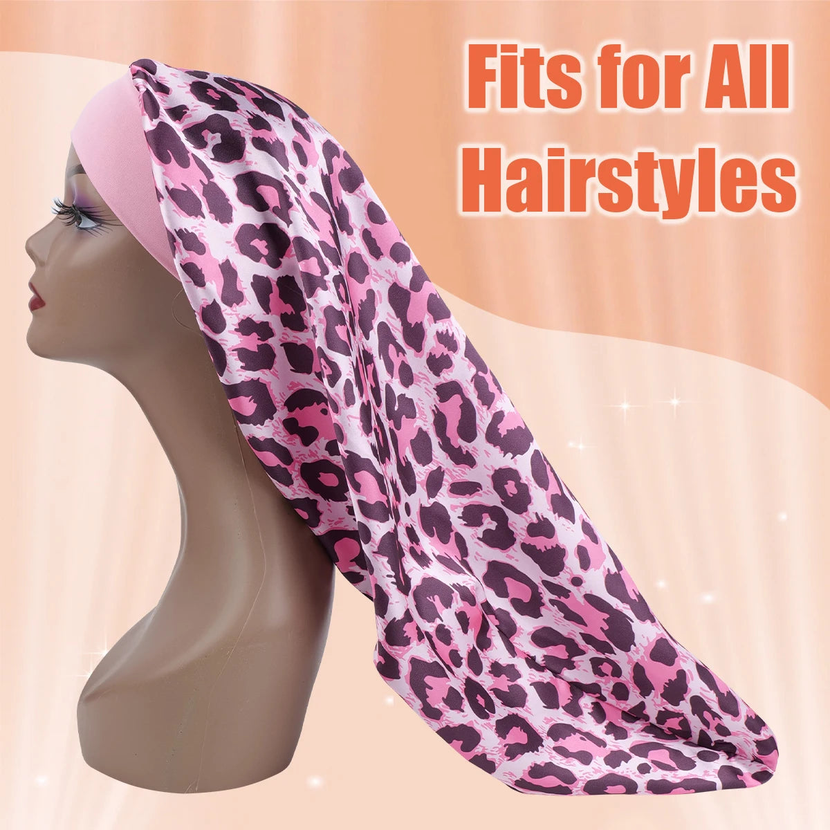 Women's Long Round Tail Bonnet-Silk Sleep Bonnet with Wide Elastic Edge-Hair Protector for Curly & Straight Hair-Leopard Print