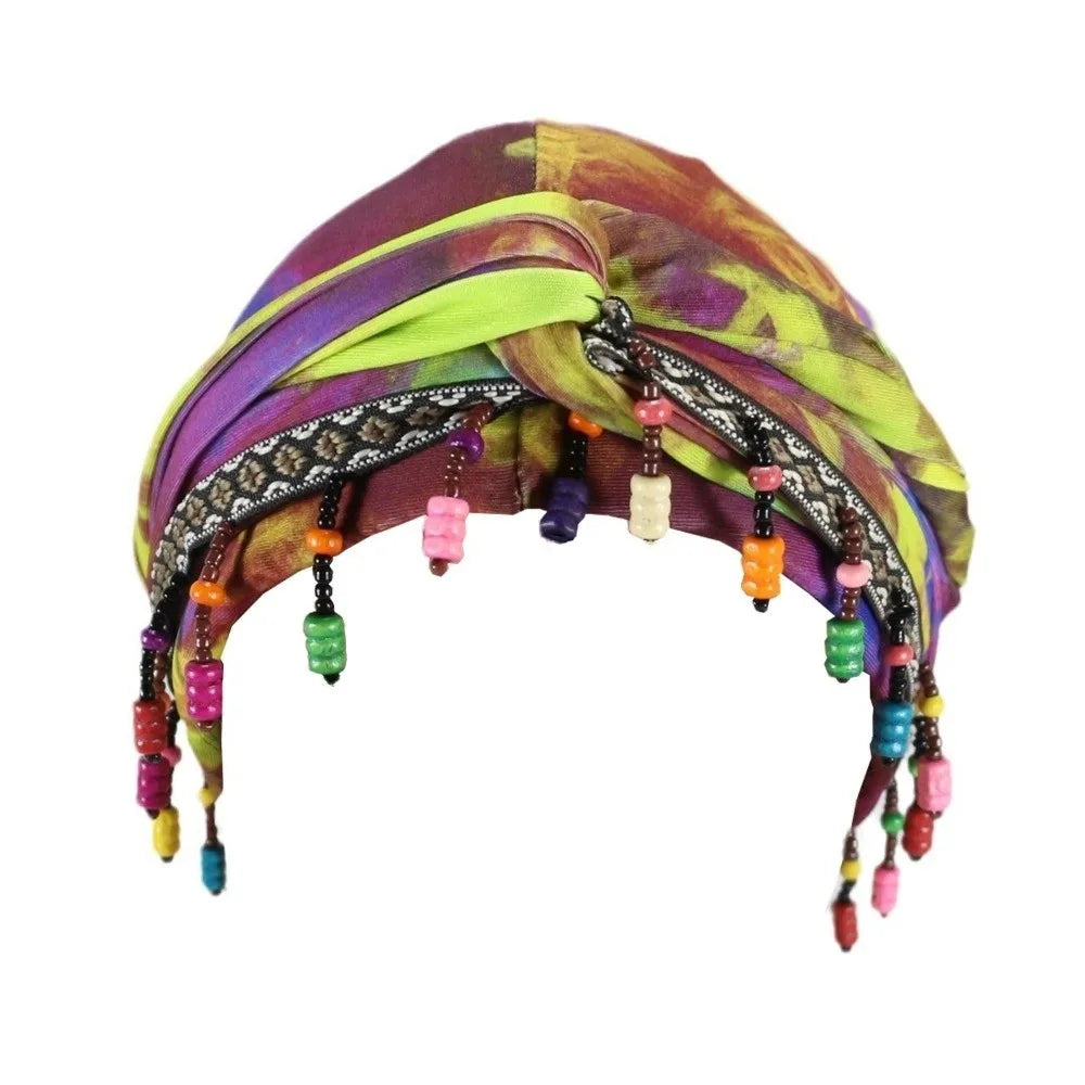 Bonnet Hat Elastic Colorful Beaded Headscarf Hijab Breathable Printed Tail Turban Dome All-match Pre-tie Head Wraps Daily