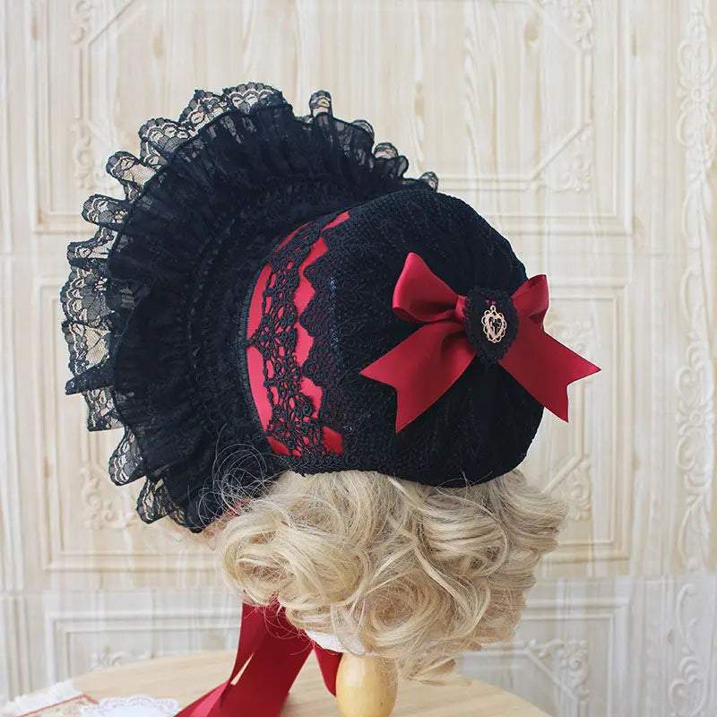 Gothic Bonnet Fedoras Hat Gorgeous Lolita Anime Lace Bow Flat Hats Exhibition Cosplay Show Lace Hair Accessories Flat Cap Gorras