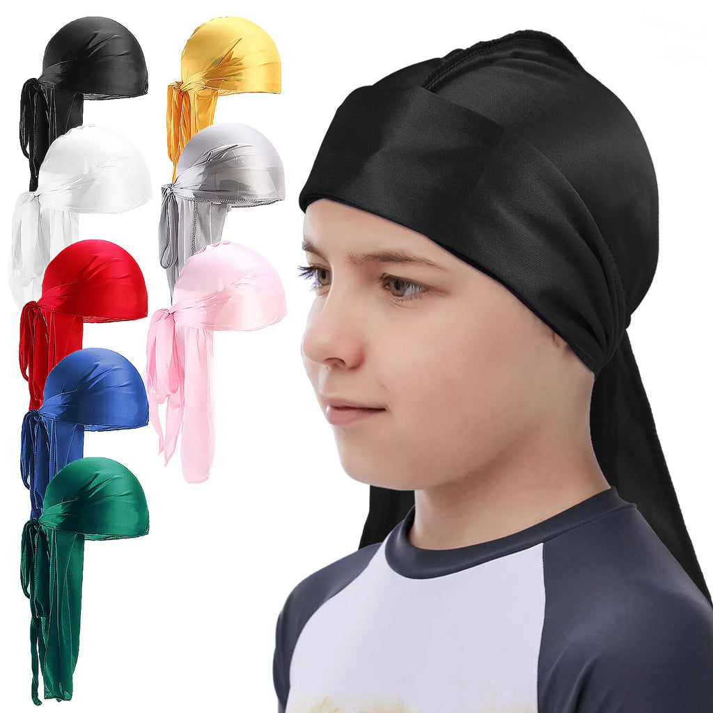 Kids Silky Durag Long Tailed Pirate Hat Hip-Hop Bandanas Boys High Quality Children Durag Headwear Waves Cap Turban Accessories