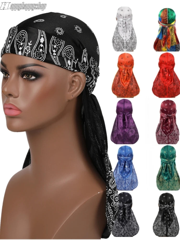 Men's Durag Turban Hat Wigs Durag Biker Headwrap Pirate Hat Cap Hip Hop Fashion Long Tail Bandanas Women Headwear 1PCS