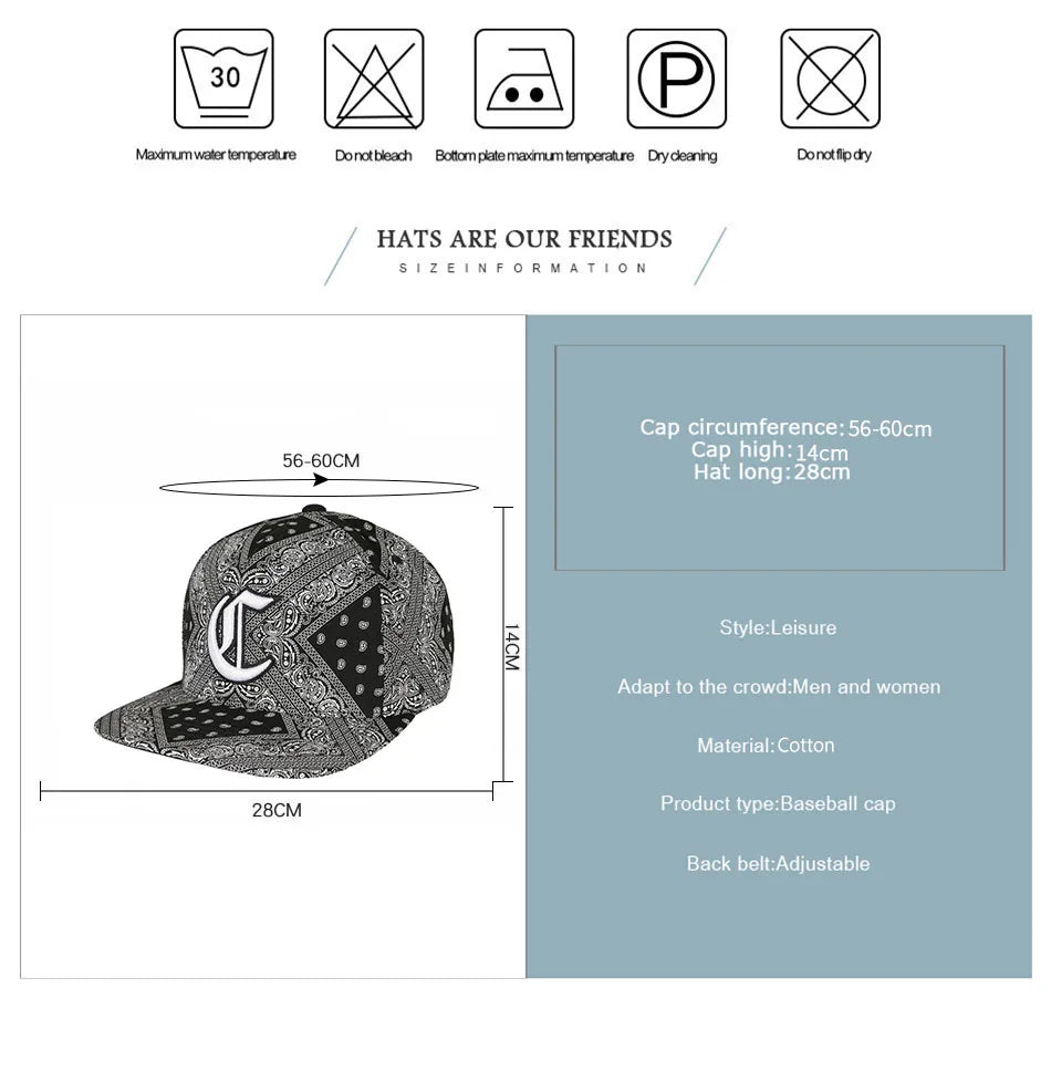 PANGKB Big C Paiz Allover Snapback Hat Paisley Bandanna Print Adults Outdoor Travel Hip Hop Headwear Sports Sun Baseball cap