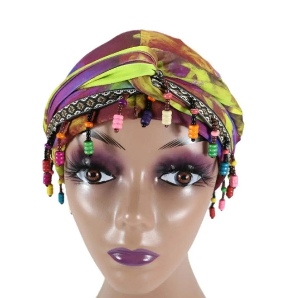 Bonnet Hat Elastic Colorful Beaded Headscarf Hijab Breathable Printed Tail Turban Dome All-match Pre-tie Head Wraps Daily