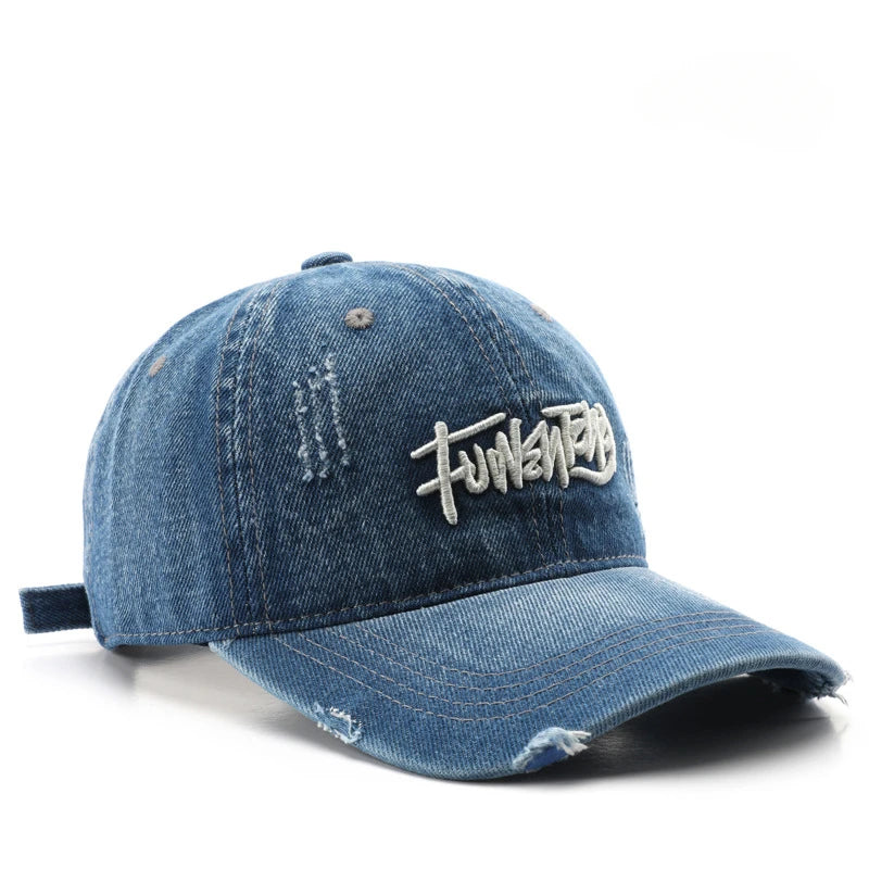 Japanese Retro Washed Denim Letter Embroidered Cap Outdoor Sports Mens Travel Sun Hat Baseball Cap Classic Versatile Comfortable