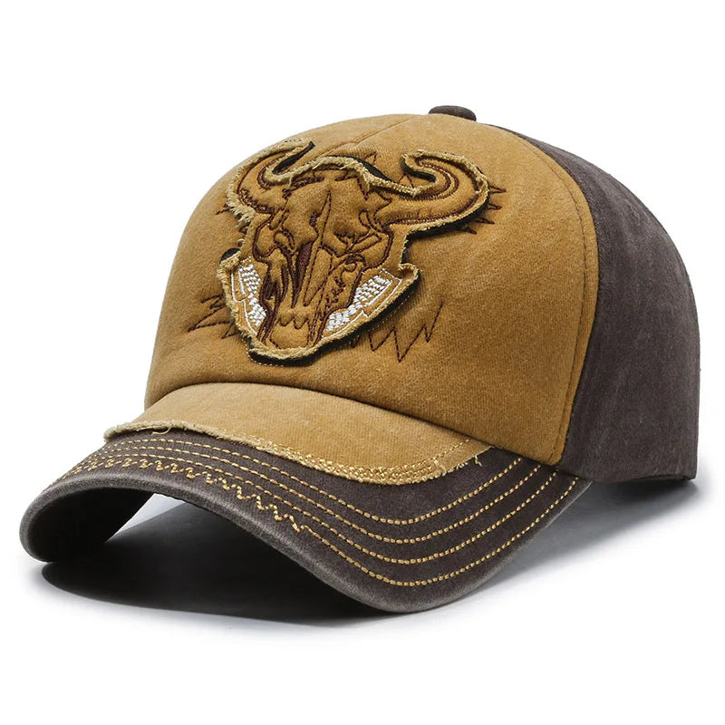 Pure cotton washed coated baseball cap with bull head embroidery, versatile washed patchwork sports hat