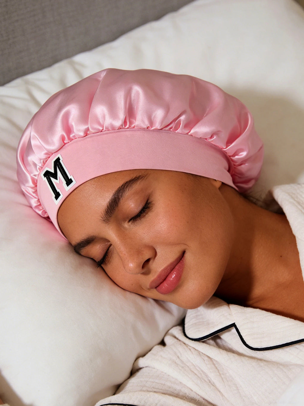 1PC Bonnet Printed A-Z Letter Personalization Hair Caps For Sleeping Satin Wide Brimmed Eastic Cap For Curly And Straight Hair