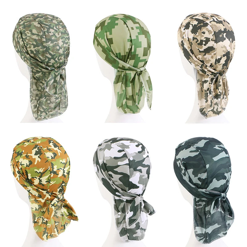 New Camouflage Print Silky Durag For Men Bandana Turban Hat Unisex Doo Durag Wigs Men's Du-Rag Long Tail Bandana Pirate Hat
