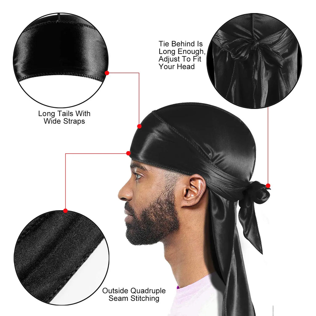3 Pcs Silky Durag Headwraps Durag for Men Women With Free Waves Cap Durags Pack with Long Tail and Wide Straps Bandanas