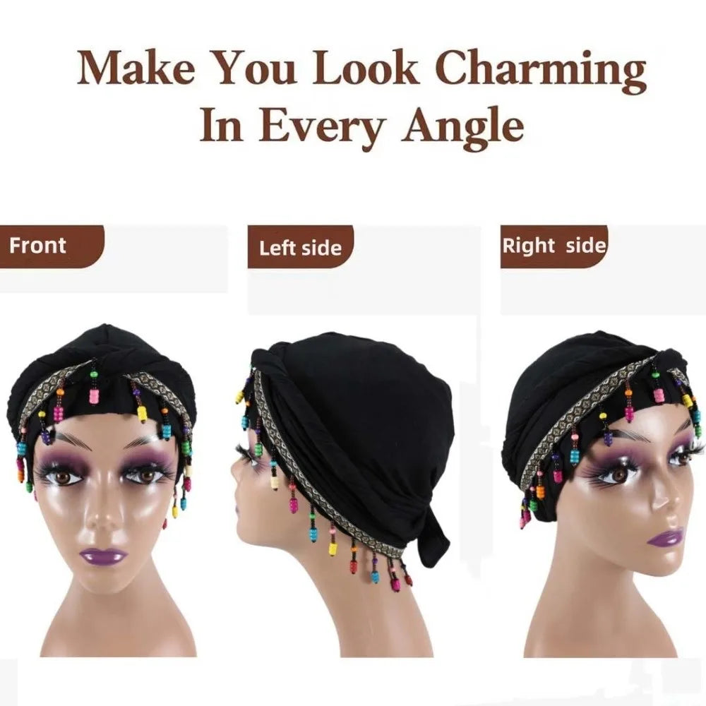 Bonnet Hat Elastic Colorful Beaded Headscarf Hijab Breathable Printed Tail Turban Dome All-match Pre-tie Head Wraps Daily
