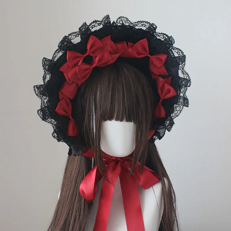 Gothic Bonnet Fedoras Hat Gorgeous Lolita Anime Lace Bow Flat Hats Exhibition Cosplay Show Lace Hair Accessories Flat Cap Gorras