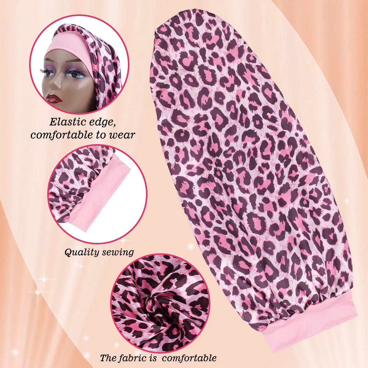 Women's Long Round Tail Bonnet-Silk Sleep Bonnet with Wide Elastic Edge-Hair Protector for Curly & Straight Hair-Leopard Print