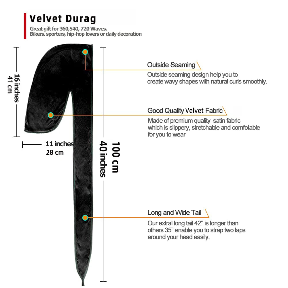 Men's Velvet Durag with Long Tail Soft Durag Headwraps for 360 Waves Hip Hop Durag