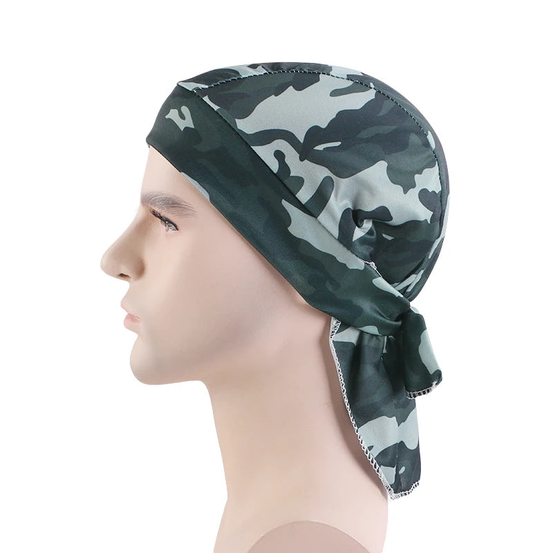 New Camouflage Print Silky Durag For Men Bandana Turban Hat Unisex Doo Durag Wigs Men's Du-Rag Long Tail Bandana Pirate Hat