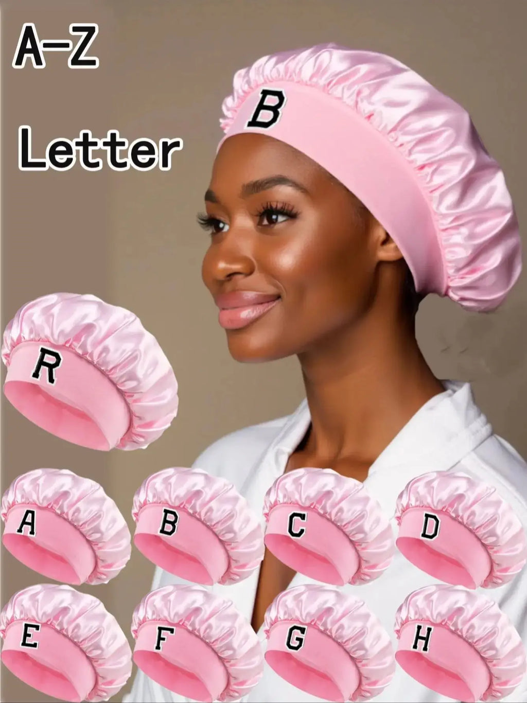 1PC Bonnet Printed A-Z Letter Personalization Hair Caps For Sleeping Satin Wide Brimmed Eastic Cap For Curly And Straight Hair
