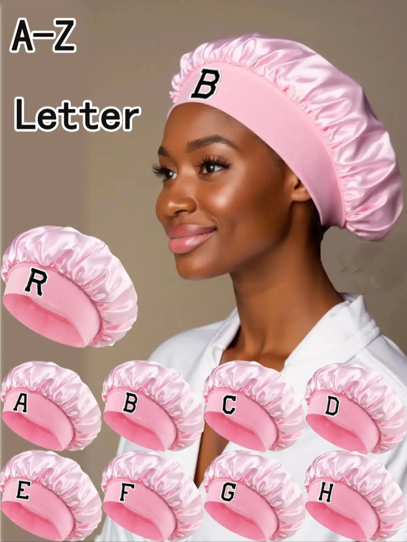 1PC Bonnet Printed A-Z Letter Personalization Hair Caps For Sleeping Satin Wide Brimmed Eastic Cap For Curly And Straight Hair
