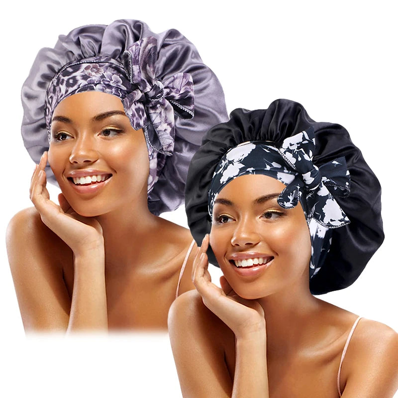 2PCS/LOT Boho Printed Headband Satin Bonnet Lace Up Bowknot Hair Bonnet Elastic Sleeping Night Cap Shower Bath Bonnets For Women