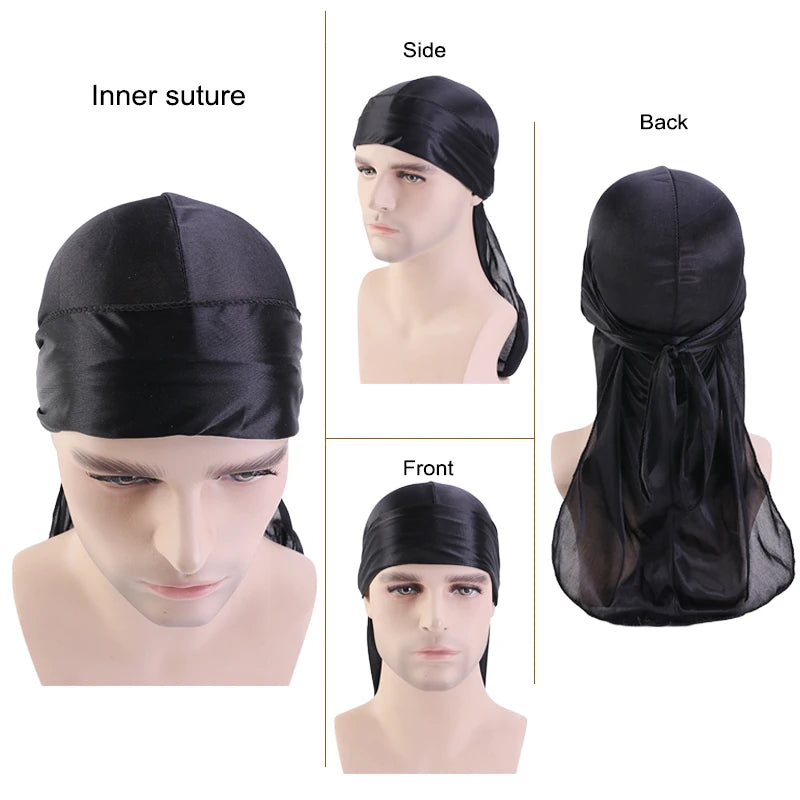 New Solid Color Casual Durag Silky Durag For Men Pirate Hat Chemo Caps Satin Bandana Elastic Turban Cap Cycling Hats
