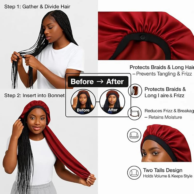 Women's Bonnet Satin Sleeping Hat  Long Tail Braid Hair Night Sleep Cap Head Cover Bonnets Shower Caps For Sauna Bathing Bonnet