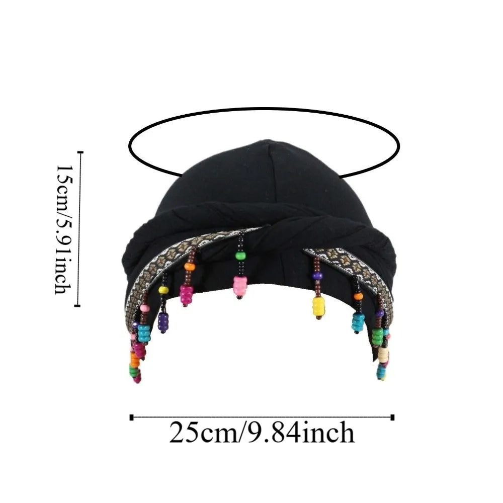 Bonnet Hat Elastic Colorful Beaded Headscarf Hijab Breathable Printed Tail Turban Dome All-match Pre-tie Head Wraps Daily