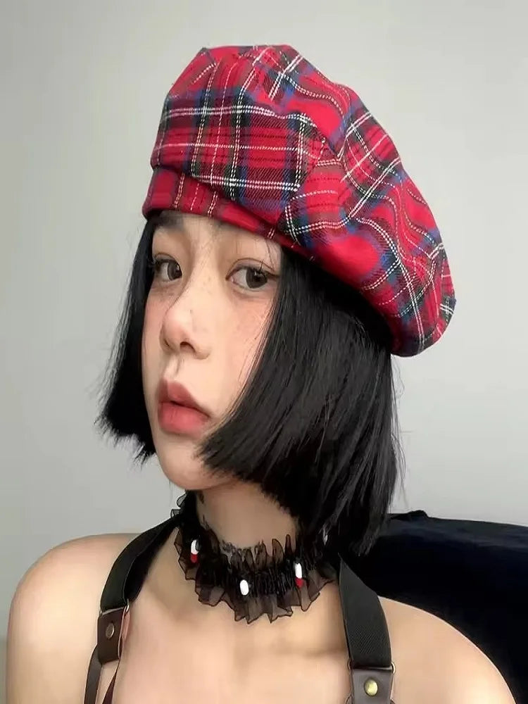 Boina xadrez vermelha para homens e mulheres, Bonnet Sweet Cool da menina britânica, estilo coreano, chapéu de boina plana, boné