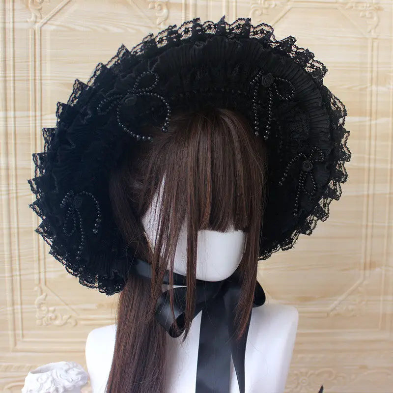 Gothic Bonnet Fedoras Hat Gorgeous Lolita Anime Lace Bow Flat Hats Exhibition Cosplay Show Lace Hair Accessories Flat Cap Gorras