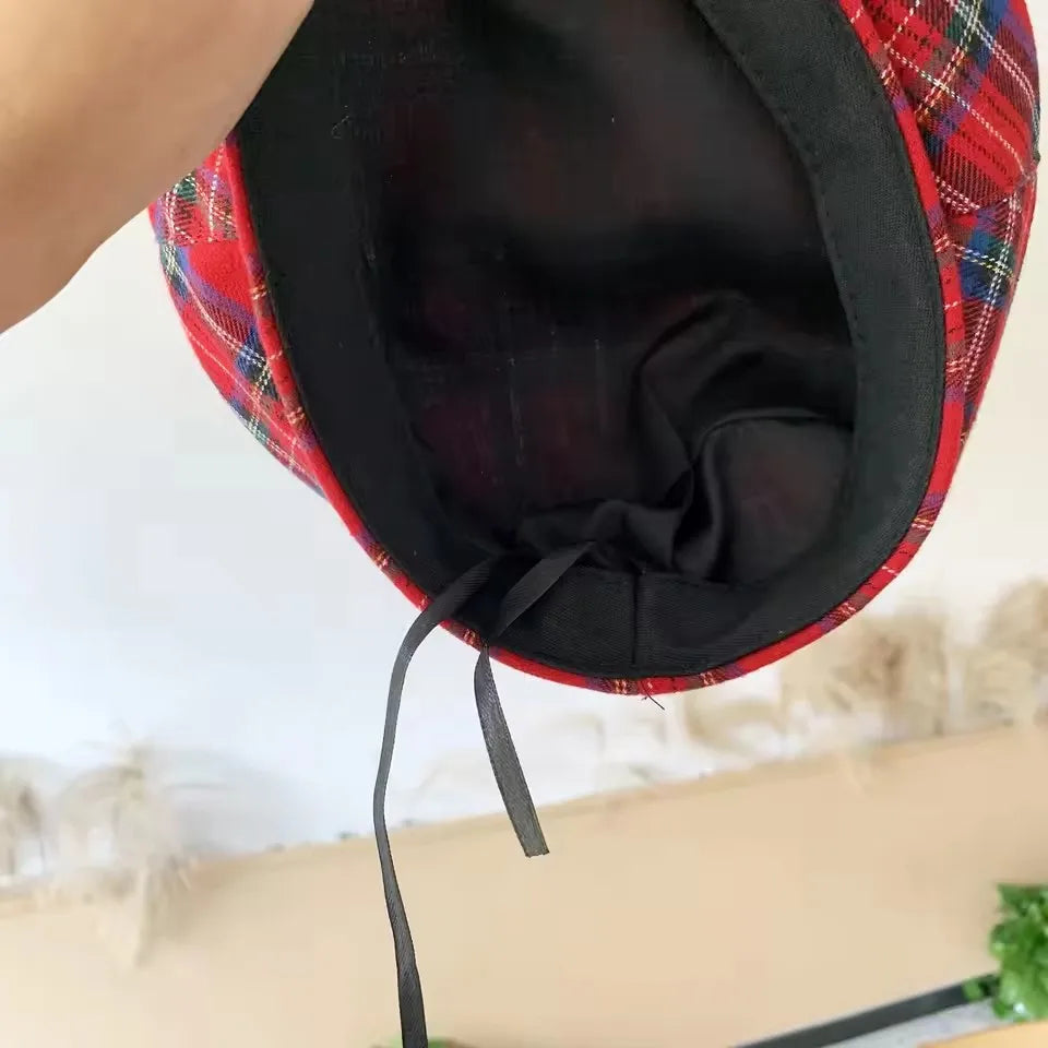 Boina xadrez vermelha para homens e mulheres, Bonnet Sweet Cool da menina britânica, estilo coreano, chapéu de boina plana, boné
