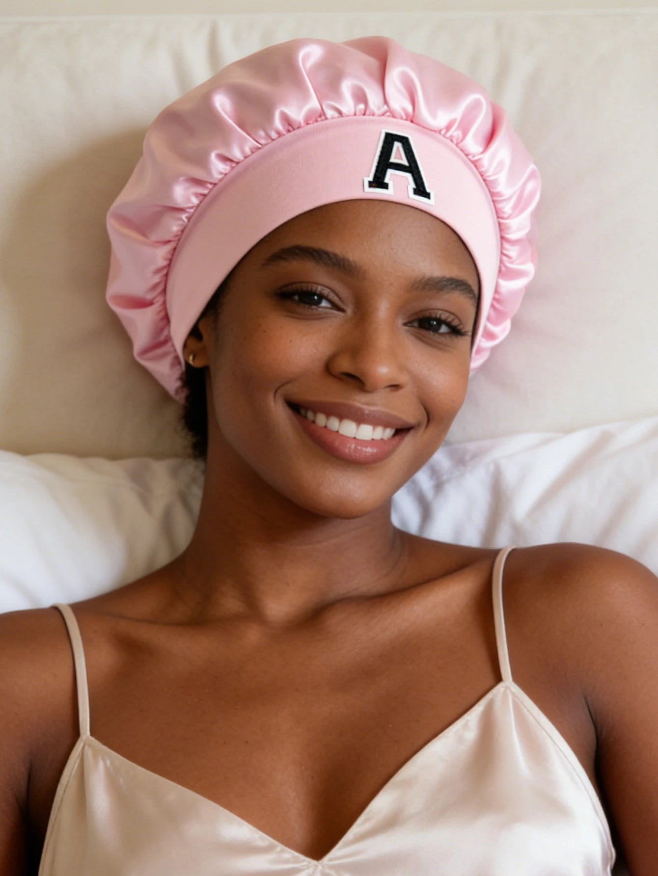 1PC Bonnet Printed A-Z Letter Personalization Hair Caps For Sleeping Satin Wide Brimmed Eastic Cap For Curly And Straight Hair