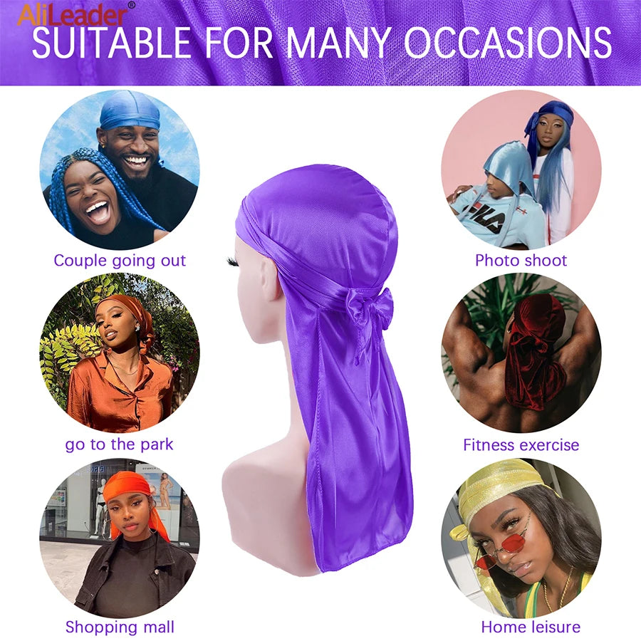 Satin Durag Turban Hat Wigs Durag Biker Headwrap Pirate Hat Cap For Men Hair Accessories Long Tail Straps Bandanas 1Pcs