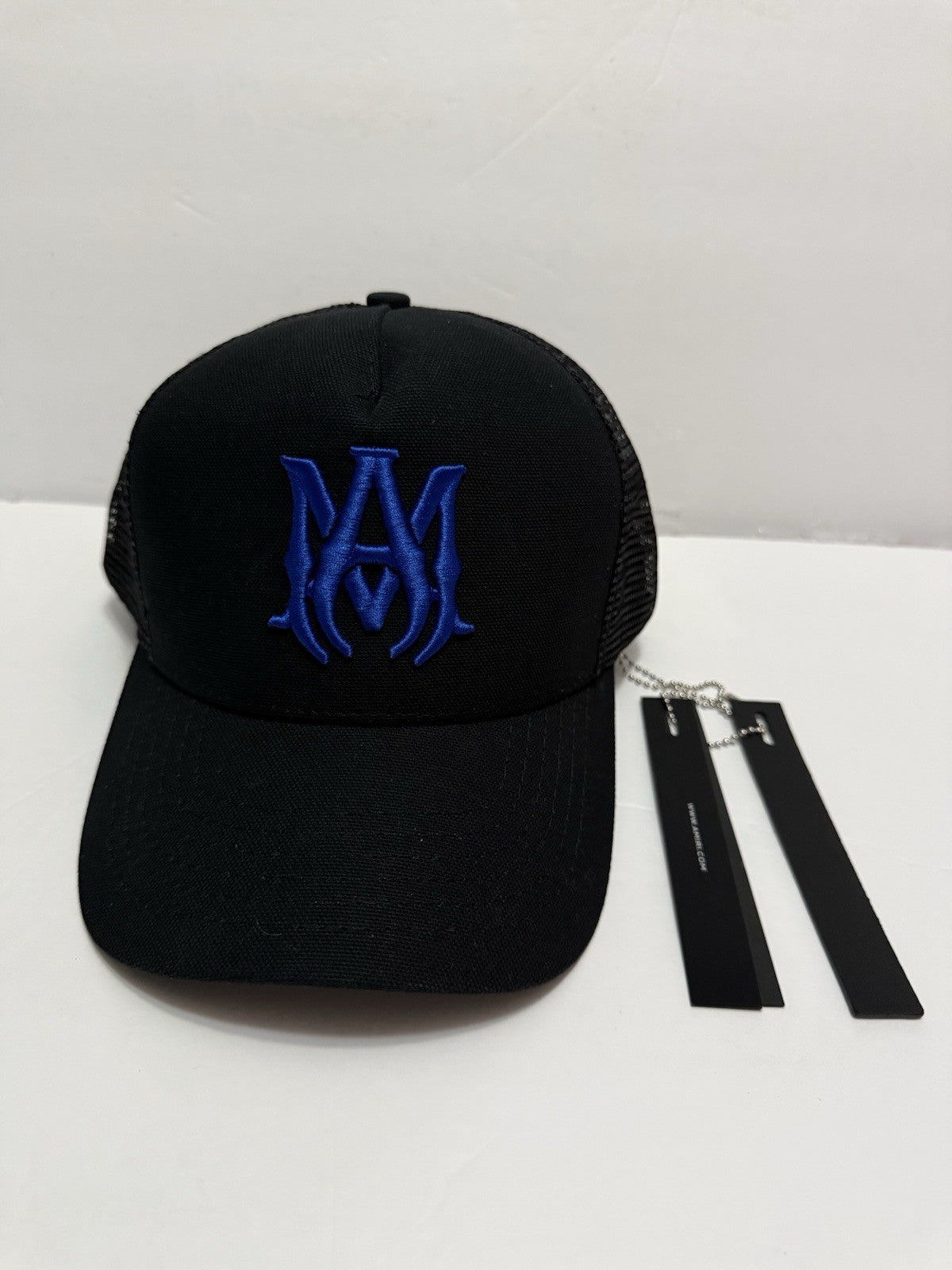Amiri MA Logo Trucker Hat Black Blue Mesh Snapback Cap PS22MAH005 013 Men's NWT
