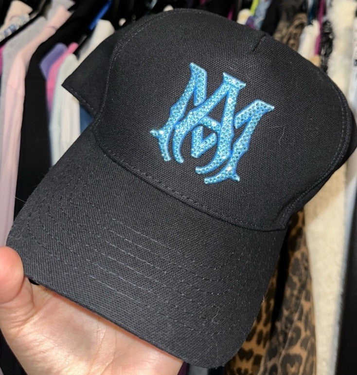 AMIRI Black/Carolina Blue Logo Embroidered with Rhinestones Snap Back Hat